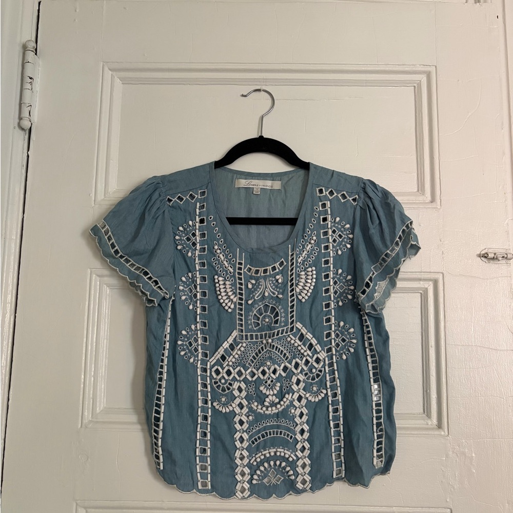 Lovers + Friends Blue Blouse with White Embroidery